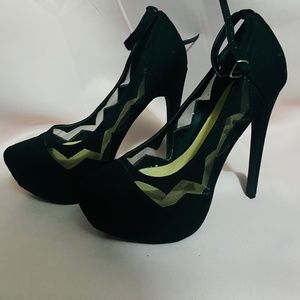 Morticia: black ankle strapped heels with sheer detail